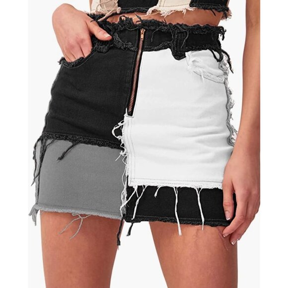 Black Gray‎ Colorblock Patchwork Denim Distressed Ripped Mini Bodycon Jean Skirt - Picture 1 of 6